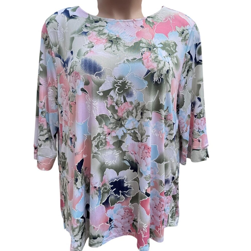 N Touch Embossed Floral Pullover Top Womens 1X Multicolor 3/4 Sleeve Loose Fit - Picture 6 of 14